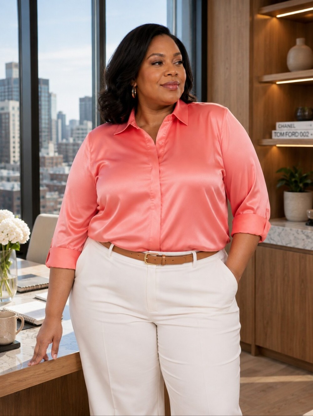 Lane Bryant NWT Coral Pink Satin No-Peek Button Down Shirt 26 Plus